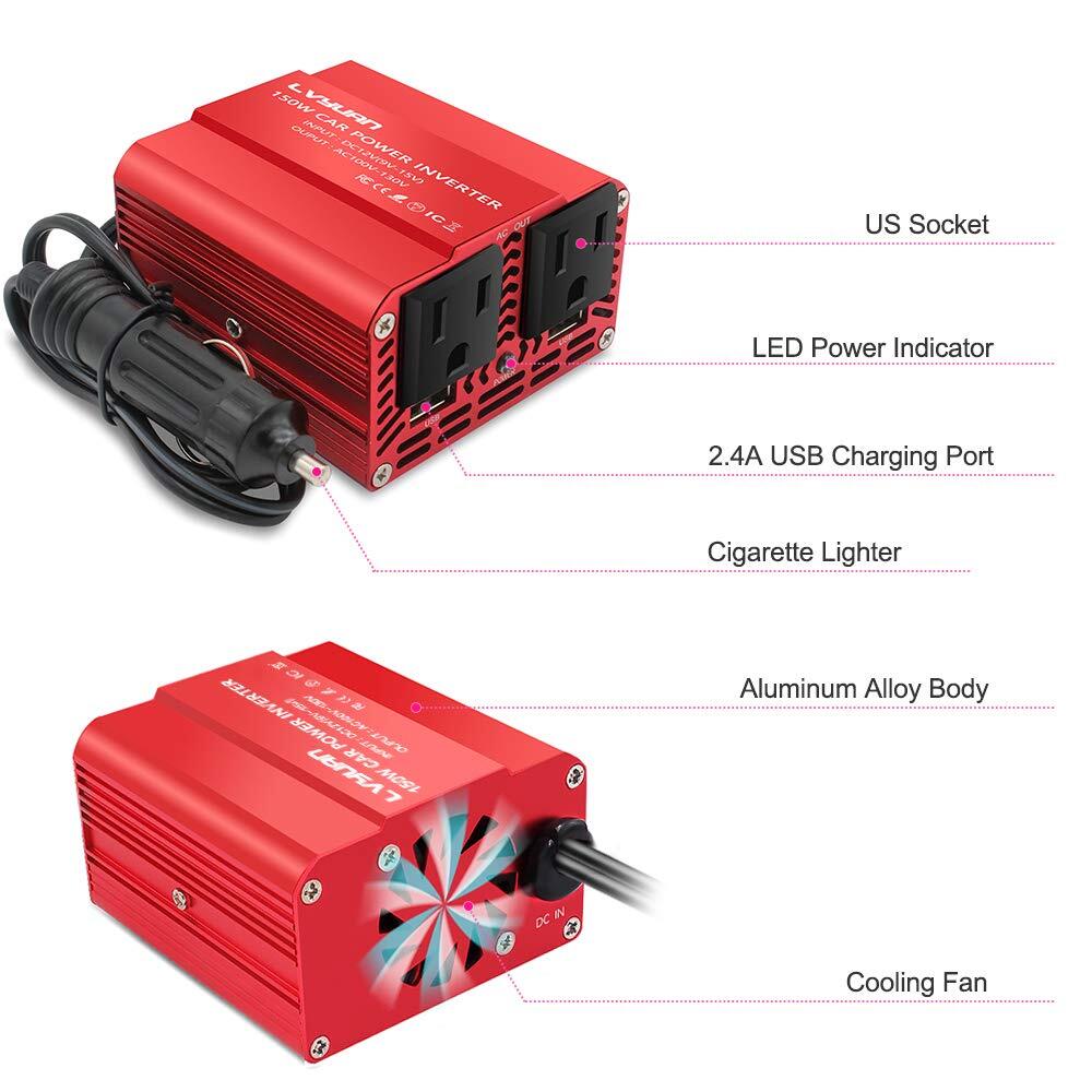LVYUAN 150W Car Power Inverter 12V to 110V AC Car Charger Adapter with