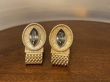 Swank Vintage Gold Tone Smoky Rivoli Cabochon Mesh Wrap Cuff links