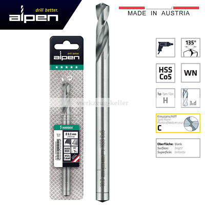 Alpen HSS-Co5 135° Hardox  Bohrer 2,0-13mm - Edelstahl, Vergütungsstahl, Titan
