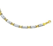 14K Yellow White Gold Diamond Cut Two Tone XO Hugs N Kisses Link Bracelet 7.25"