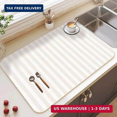 Dish Drying Mat Super Absorbent Coffee Bar Kitchen Counter Beige Stripes 18x24