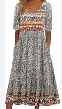 Paisley Floral Boho V Neck Maxi Dress Sz XL Summer Dress Blue