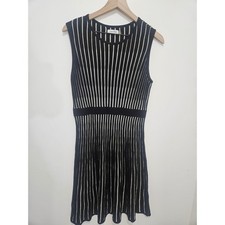 Calvin Klein Black White Stripe Sleeveless Ribbed Fit Flare Knit Dress Medium