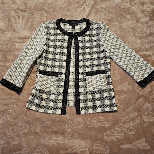 St. John Tweed Knit Cardigan Jacket Black & White Checkered