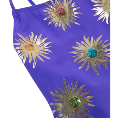 Peek Girls Foil Sequins Purple One Piece Swimsuit Gold Bowtie Back Girls Sz 4/5 - Picture 6 of 9