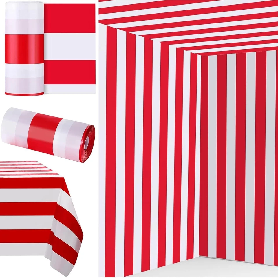 Durable 100 ft Red and White Striped Table Cover Roll - Perfect for Celebrations - Image 3 of 4