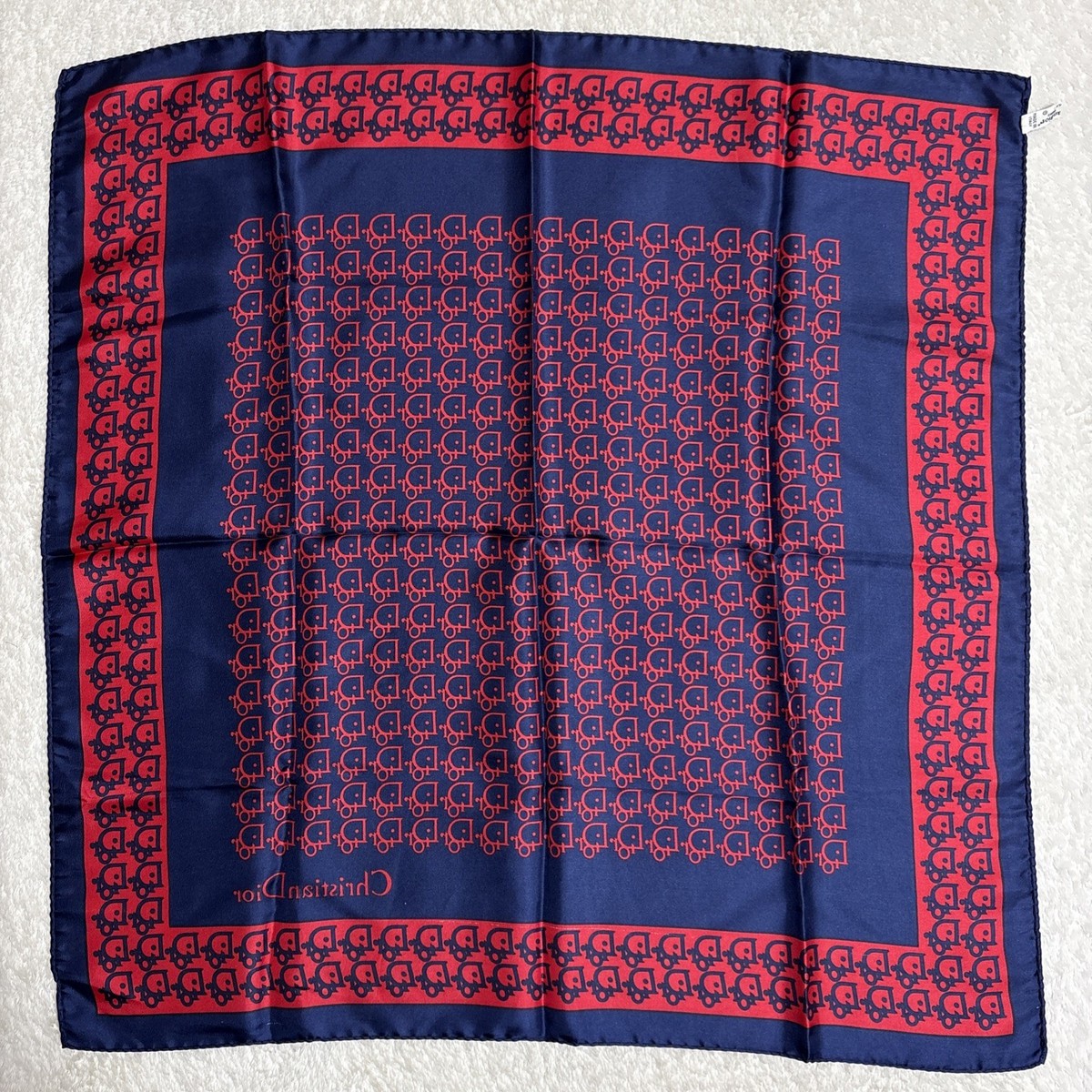 Christian Dior Silk Scarf 26in Navy Red Trotter Monogram Logo