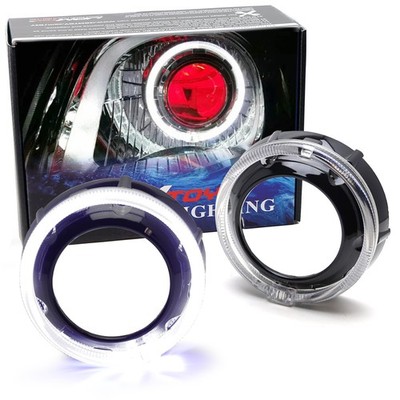 Black GTI Style White LED Halo Ring Angel Eye Shrouds For 3'' Headlamp Projector