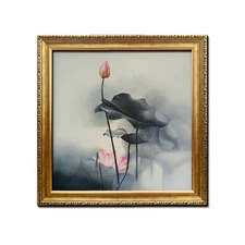 Framed Art Quality Hand Painted Oil Painting Black and White Lotus , 20x20in