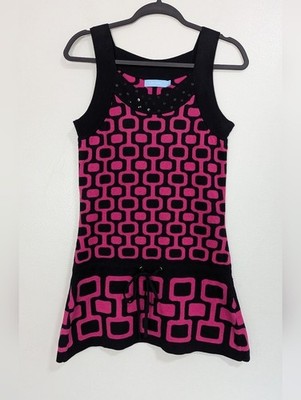 Urchin Pink Black 60s Style Geometric Knit Tunic Mini Dress Size Medium