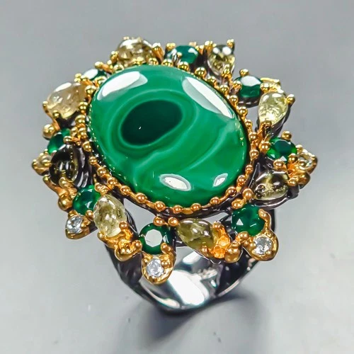 Jewellery 26 ct Natural Malachite Ring 925 Sterling Silver Size 7.5 /R452687