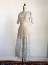 Antique Vintage 1910s Embroidered Net Lace Lawn Tea Dress XS