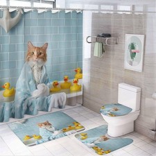 4Pcs Cute Cartoon Duck Cat Shower Curtain Sets, Bathroom Decor Set with Rugs,...