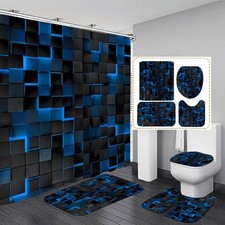 4Pcs Blue Shower Curtain Set 3D Cubes Bathroom Sets Modern Shower Black Blue