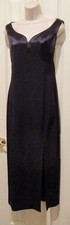 Tahari Women's Navy Blue V-Neck Sleeveless satin bodice front slit Gown Size 6