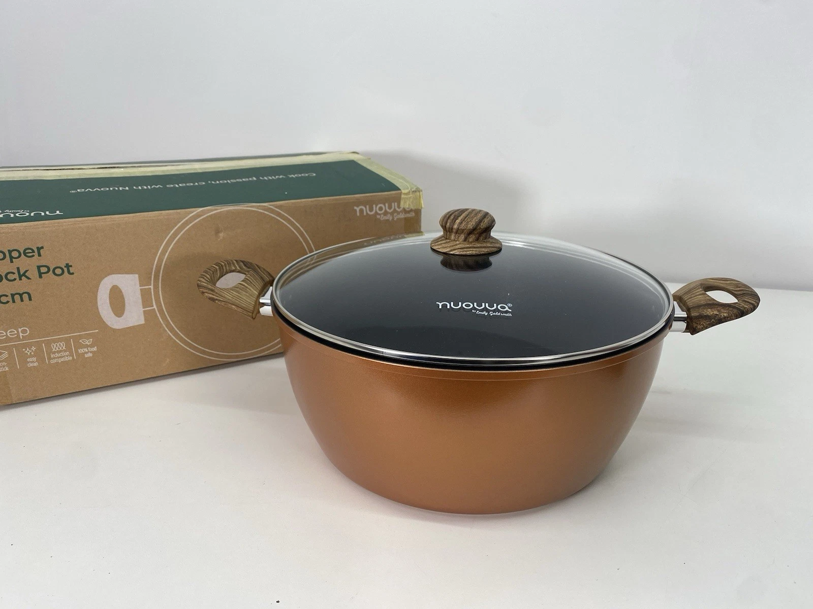 Nuovva Non Stick Cooking Pot Glass Lid 9.5 Copper Colour Induction Stock Pot