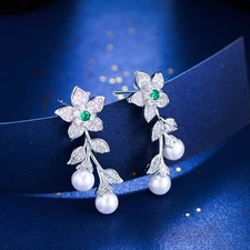 Ladies Exquisite Silver Plated Zircon Long Small Flower Leaf Pearl Drop Earrings