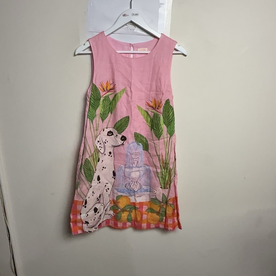 Gorman Dress Womens 6 Pink Linen Shift Knee Length Floral Dalmatian Dog Print
