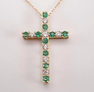 0.15Ct Round Lab-Created Emerald Cross Religious Pendant 14K Yellow Gold Plated