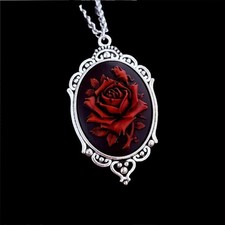 Red Rose Aged Cameo Necklace Red/Black Vintage Victorian Antique Silver Pendant