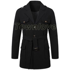 Men's Retro Safari Jacket Pockets Slim Belted Hunting Coat Casual Top Outwear