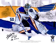 Jordan Binnington Blues Signed 11x14 First Playoffs Shutout Photo & Insc - LE 50