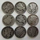 Mercury Dime Silver 90% 10C Business Strike Circulated 1921-1945 Lot of 9