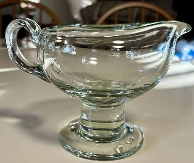 Heavy Blown Glass Clear Pedestal Sauce Pitcher Large FOOTED GRAVY BOAT - Image 1 of 4