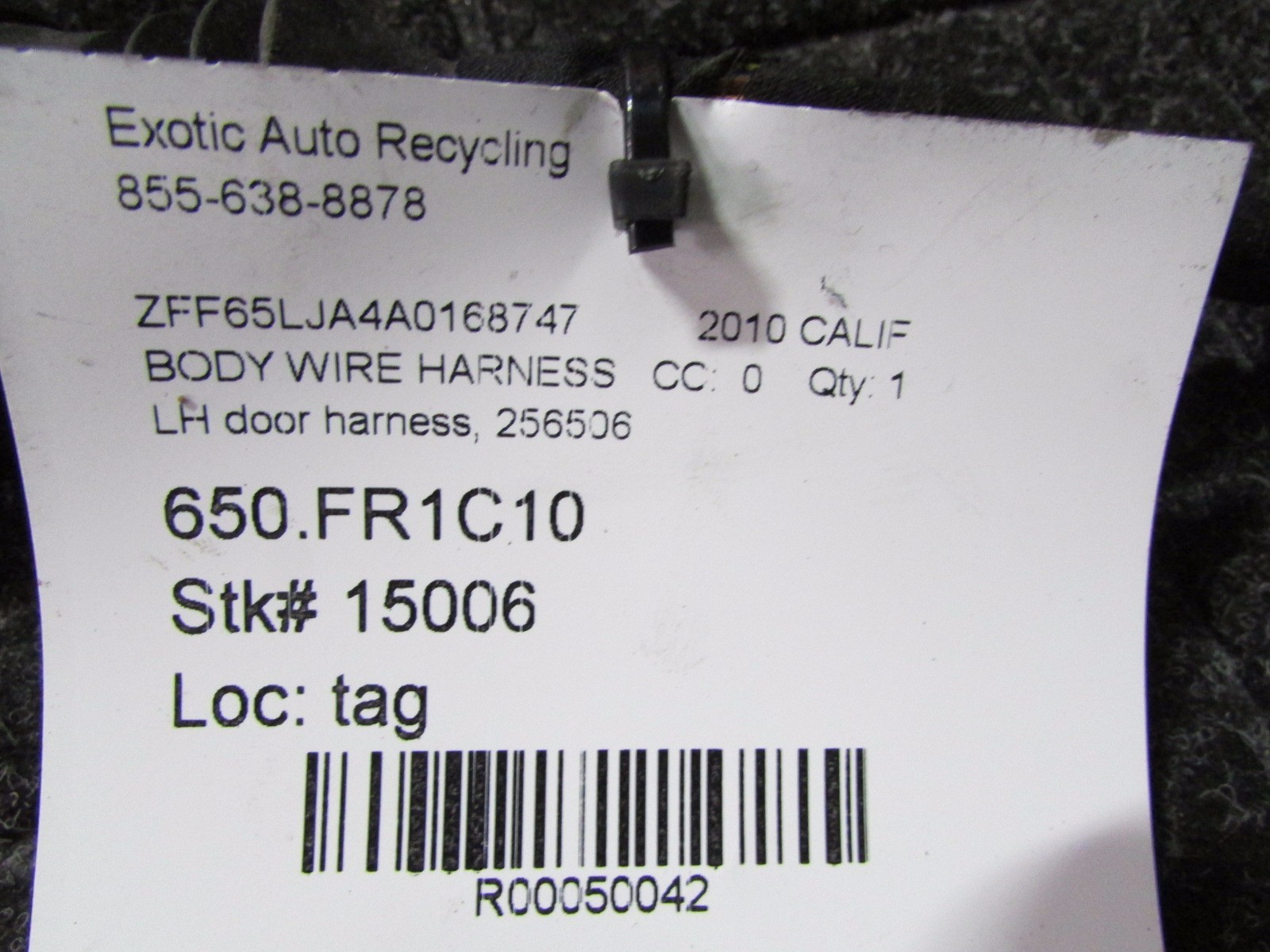 Ferrari California, LH, Left Door Wiring Harness, Used, P/N 256506
