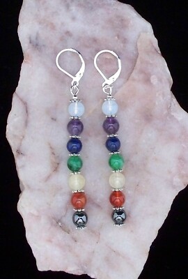 Natürliche Edelstein Perle 7 Chakra 925 Silber Leverback 6 cm Ohrringe, Yoga, Meditation