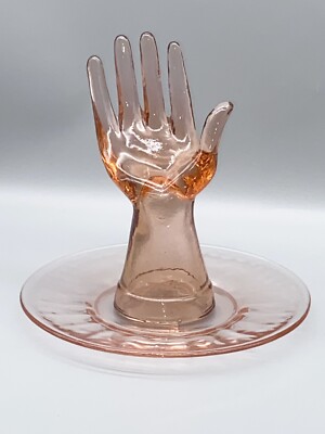 Vintage MCM Glass Display Hand Ring Holder Pink With Under Plate  Jewelry