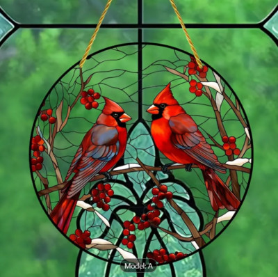 Cardinal Stained  Vibrant Acrylic Hanging Ornament 8x8 Inch Art Decor for Window