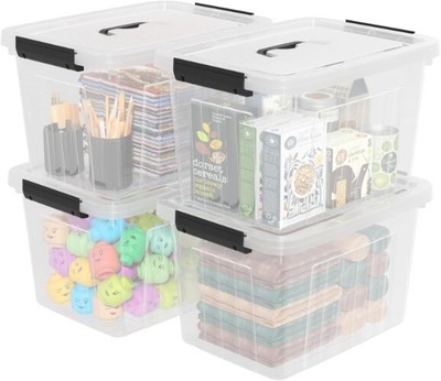 18 Quart Clear Storage Latching Bin, Plastic Box with Lid and Handles, 4 Packs
