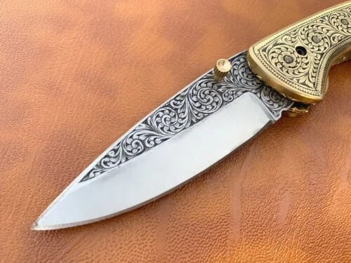 Engraved Folding Knife - Prestigious Handmade Engraved Pocket Knife - D2 Steel - Image 2 of 4