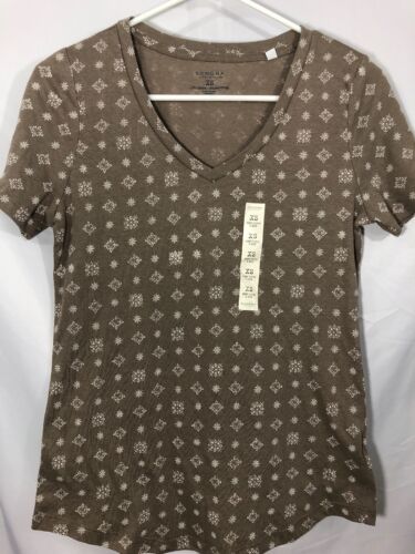 Sonoma NEW Womens Size XS Brown Floral Print Short Sleeve V-Neck Knit Top