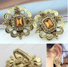 CLIP ON EARRINGS filigree ANTIQUE GOLD TONE square RHINESTONE topaz crystal