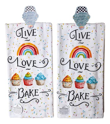 Set of 2 Sweet Little Pleasures LIVE LOVE BAKE Terry Kitchen Towels, by Kay Dee