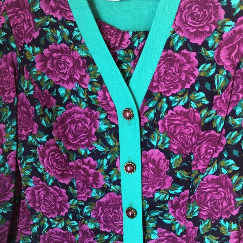 Traje Falda Vintage Melissa Mujer 2 Piezas Multicolor Verde Azulado Floral Manga Larga 14 Foto 2 de 4