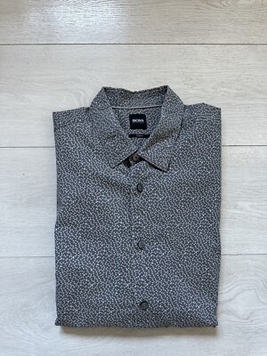 Hugo Boss Black Label Hemd Grau Muster Gr. L Langarm Oberteil Slim Fit Shirt