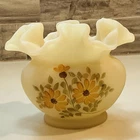 Vtg Fenton Satin Glass Ruffled Rose Bowl Hand Painted Daisies Signed Montgomery