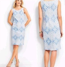 TALBOTS Women Blue & White Cut Away Lace Floral Sheath Dress Lined Size 4 $179
