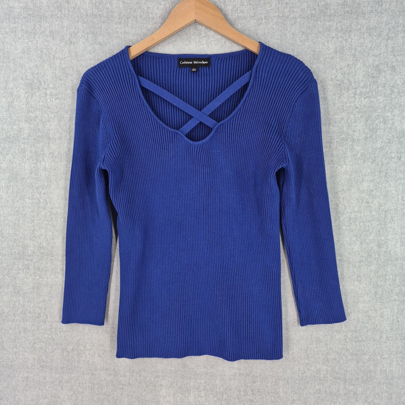 Catherine Malandrino Sweater Womens Large Blue Criss Cross Ribbed Knit Classic