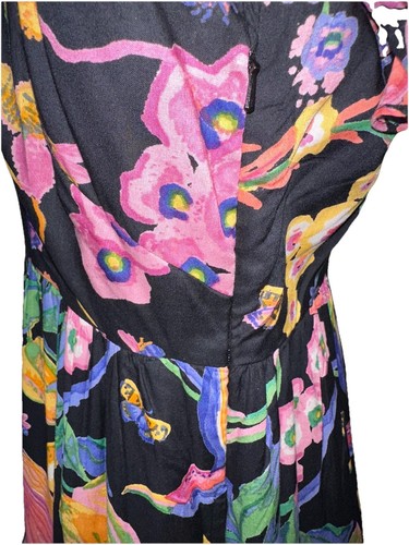 BANJANAN Size L Hannah Eden Garden Floral Birds Ruffle Midi Dress Black Hawaiian - Imagen 6 de 15