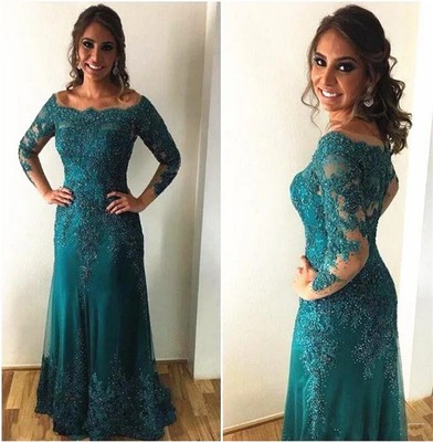 Turquoise Mother of the Bride Dress Long Sleeve Beadings Lace Mermaid Party Gown