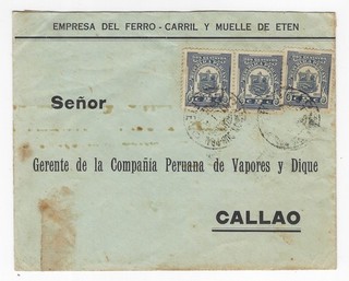 Peru 1922 Cover Puerto Eten Callao 6¢ Rate w/ Revenue Stamps Used for Postage!