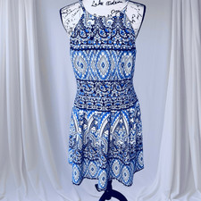 Vince Camuto Women’s 14 Blue & White Geometric Print Sleeveless Halter Dess Fit