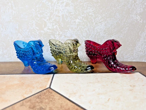 VTG Lot Fenton Glass Hobnail Cat Head Cathead Shoe Slipper Green Blue Red