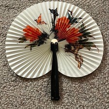 Vintage Metal  Paper Hand Fan Fold Up 1950-1960 China Floral