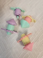 Vintage Spinning Tops  (3) With Launchers Plastic Pastel Toys 7 Pcs