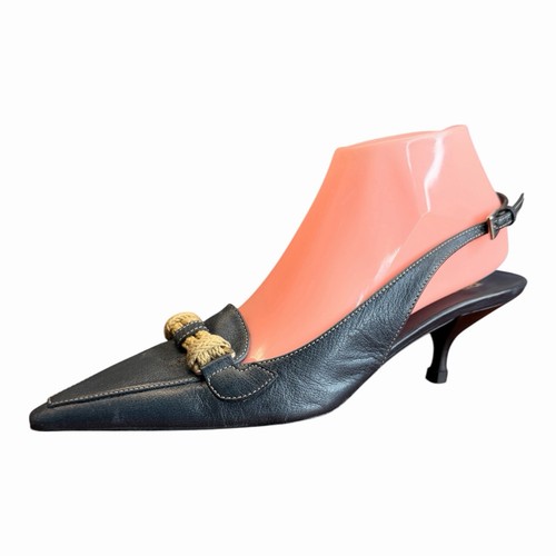 Prada Vintage Leather Shoes Size Eur 38 Blue Pointed Toe Slingback Kitten Heels